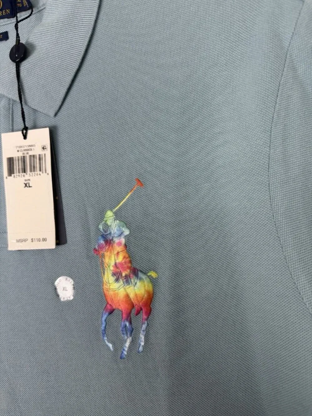 Polo Ralph Lauren Shirt Mens XL Classic Fit Light Blue Big Pony Rainbow Tie Dye